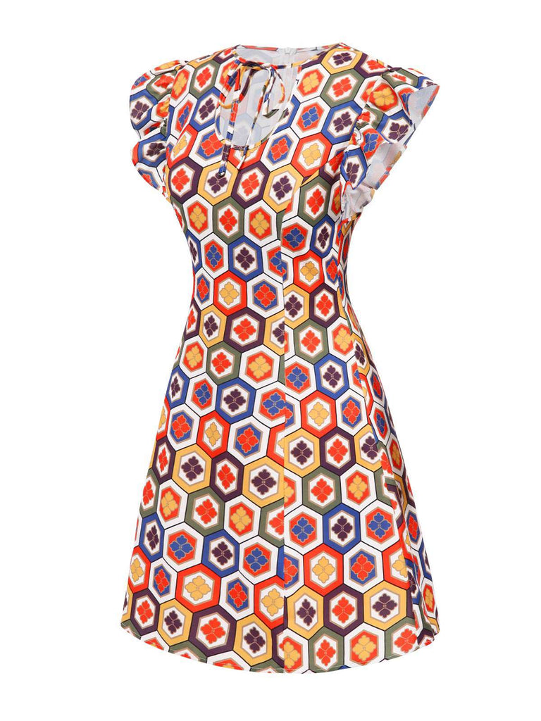 [Prévente] Robe col cravate à imprimés hexagonaux multicolores des années 1960