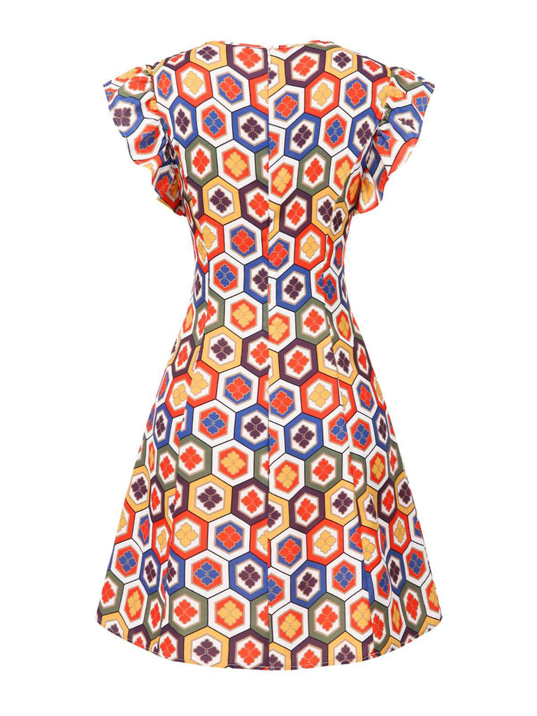 [Prévente] Robe col cravate à imprimés hexagonaux multicolores des années 1960