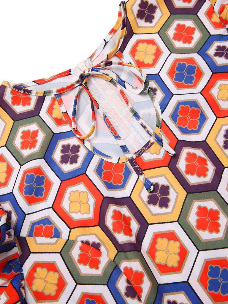 [Prévente] Robe col cravate à imprimés hexagonaux multicolores des années 1960