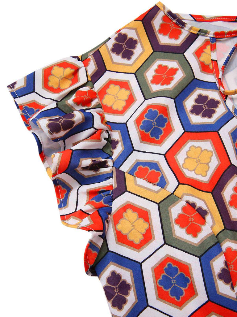 [Prévente] Robe col cravate à imprimés hexagonaux multicolores des années 1960