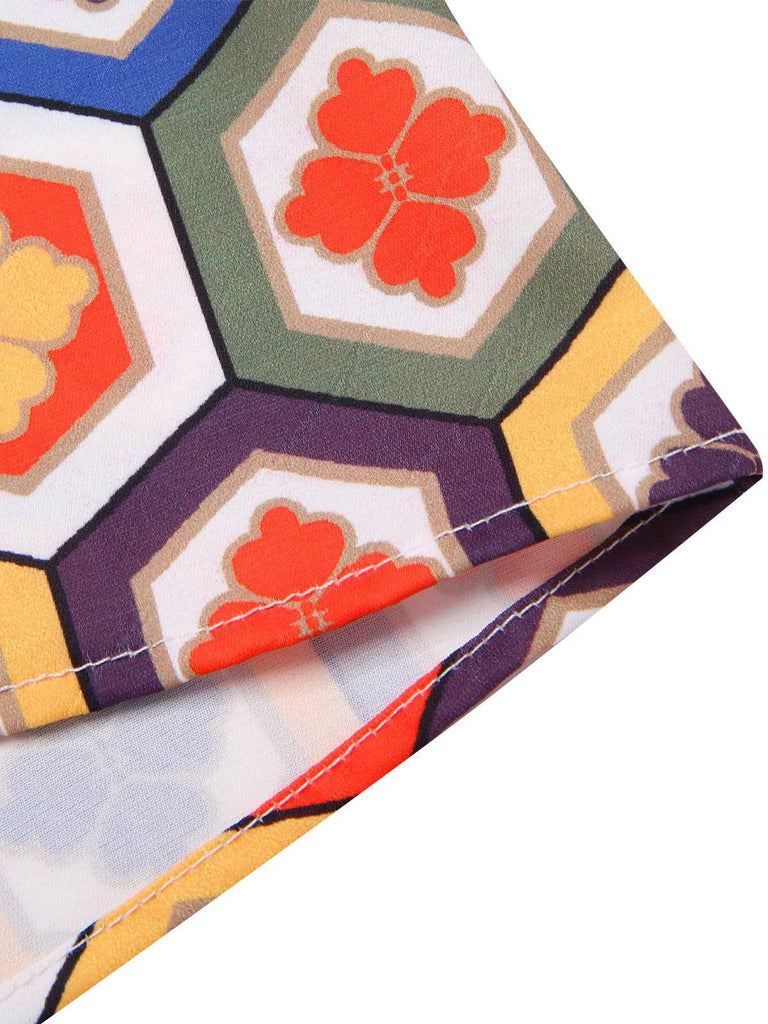 [Prévente] Robe col cravate à imprimés hexagonaux multicolores des années 1960