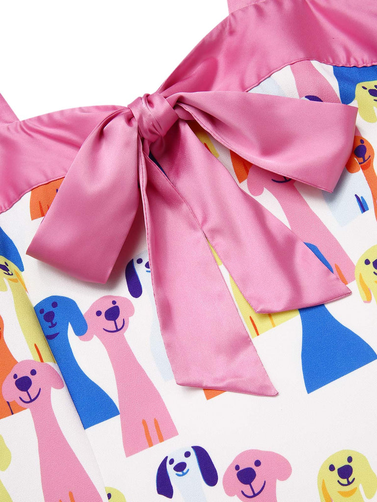 [Prévente] Robe imprimée nœud motif de chien multicolore des années 1960