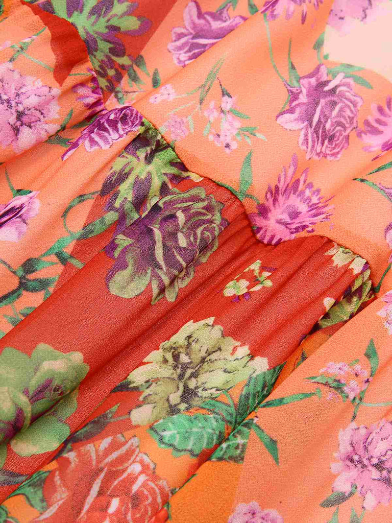 Robe longue fleurie multicolore col cœur des années 1930