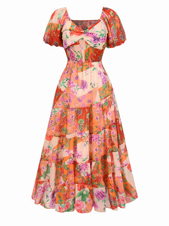 Robe longue fleurie multicolore col cœur des années 1930