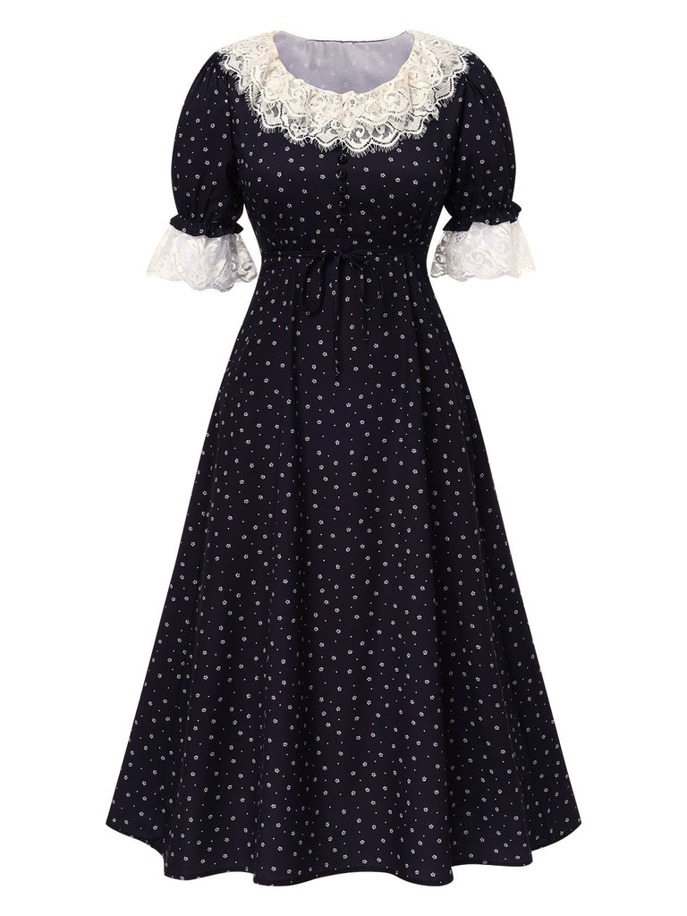 Robe noire en dentelle patchwork à pois floraux des années 1940