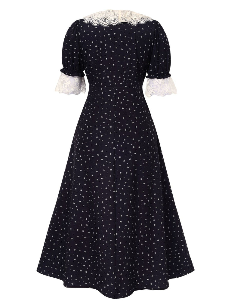 Robe noire en dentelle patchwork à pois floraux des années 1940