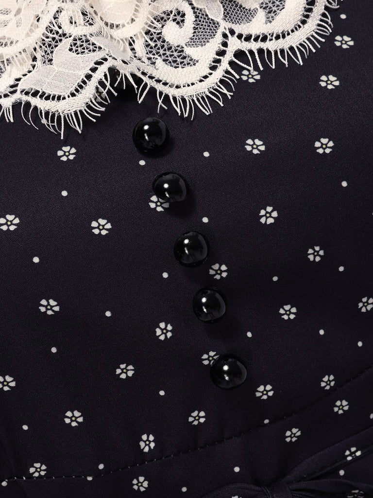 Robe noire en dentelle patchwork à pois floraux des années 1940