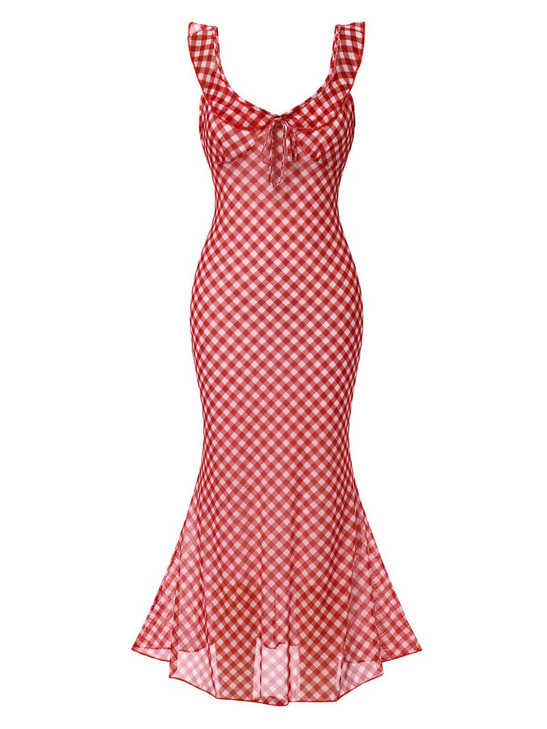 Robe sirène rouge en mousseline de soie à carreaux à volants des années 1930