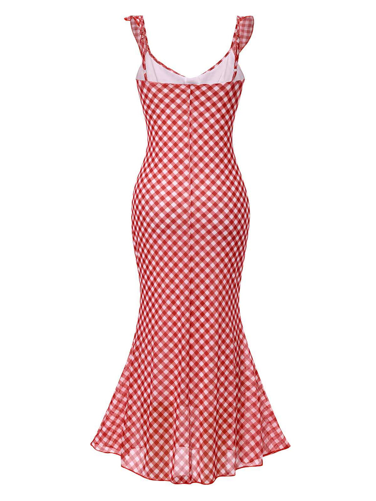 Robe sirène rouge en mousseline de soie à carreaux à volants des années 1930
