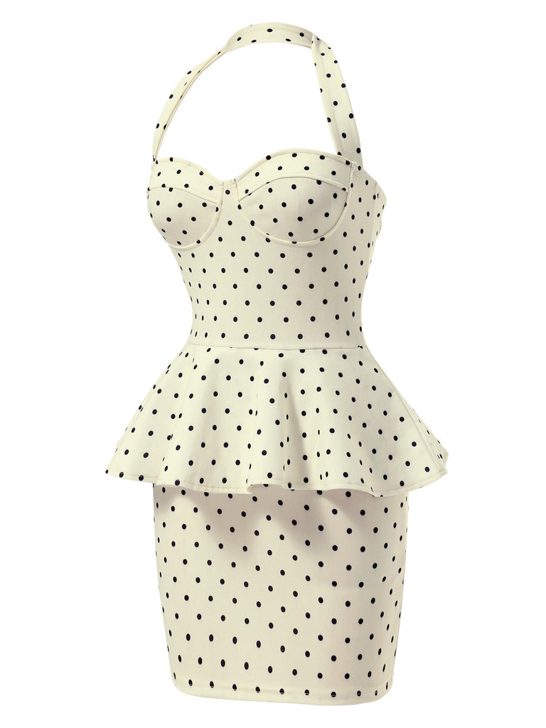 Robe crayon à pois et volants dos nu des années 1960