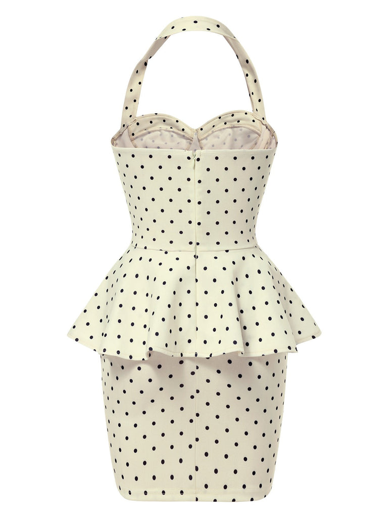Robe crayon à pois et volants dos nu des années 1960
