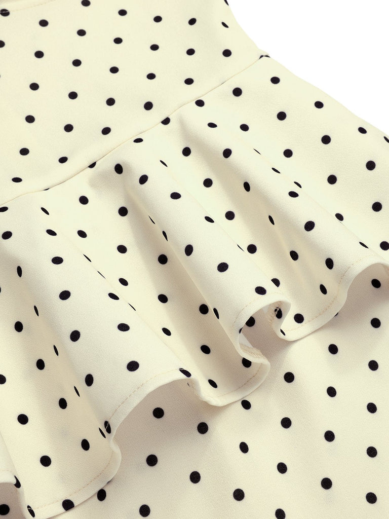 Robe crayon à pois et volants dos nu des années 1960