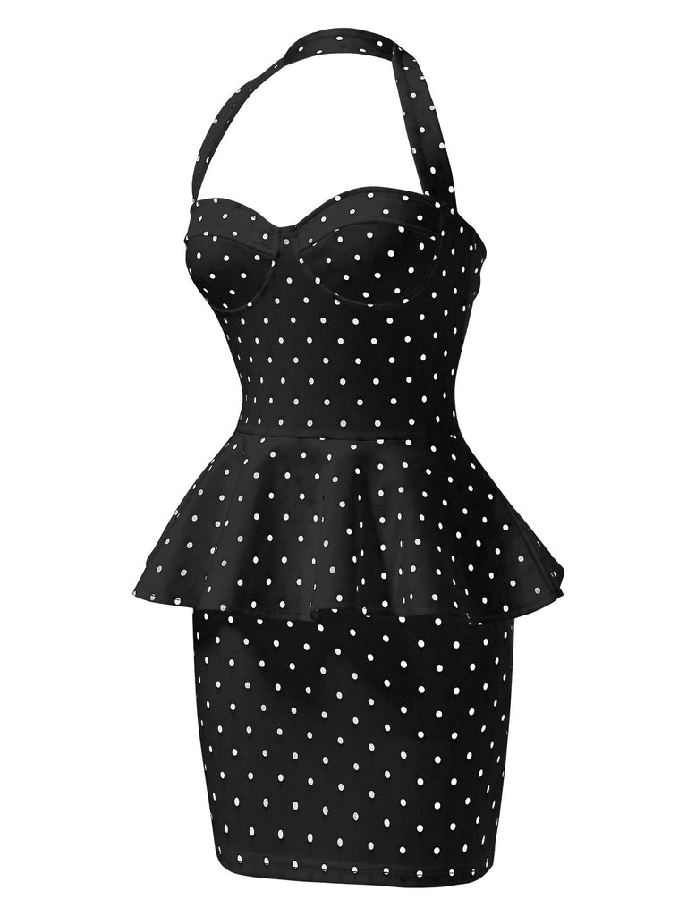 Robe crayon à pois et volants dos nu des années 1960
