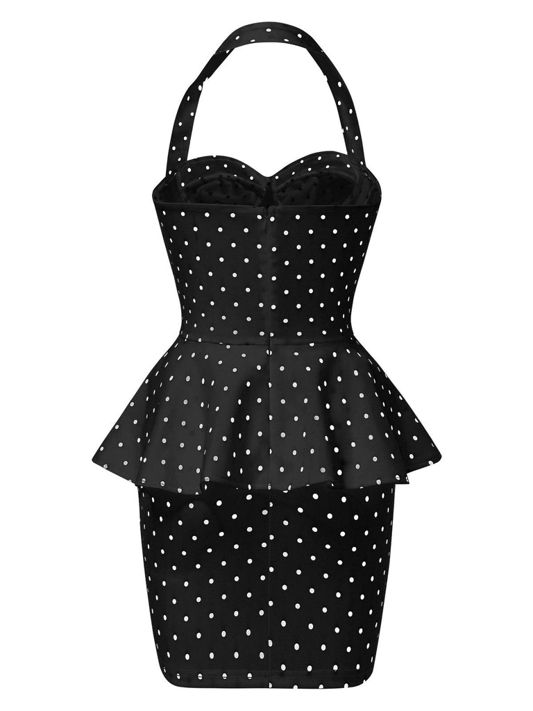 Robe crayon à pois et volants dos nu des années 1960