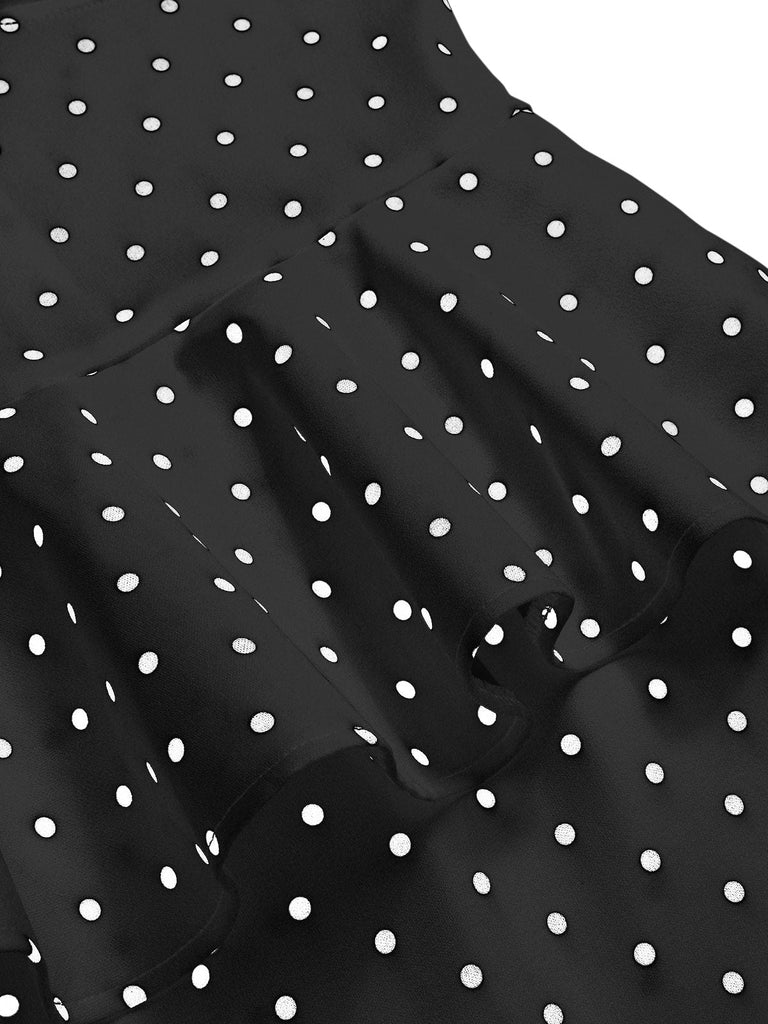 Robe crayon à pois et volants dos nu des années 1960