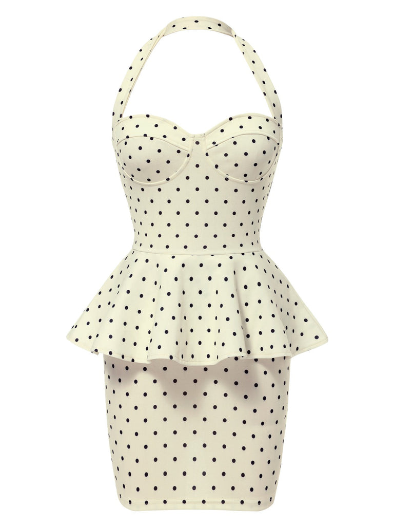 Robe crayon à pois et volants dos nu des années 1960