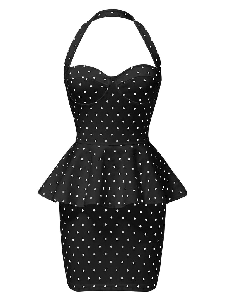 Robe crayon à pois et volants dos nu des années 1960