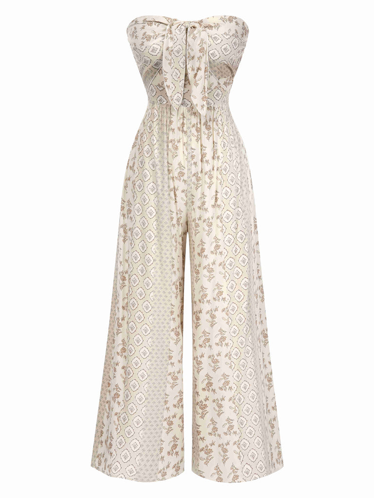 Combinaison bandeau beige à fleurs à nœuds des années 1970