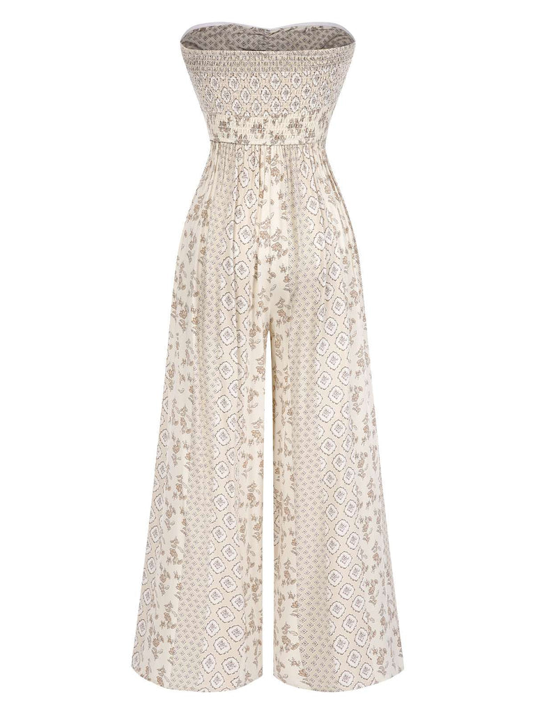 Combinaison bandeau beige à fleurs à nœuds des années 1970