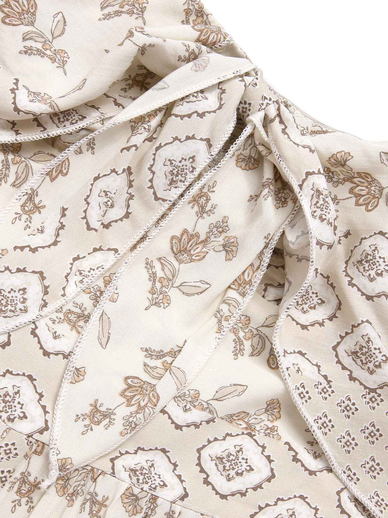 Combinaison bandeau beige à fleurs à nœuds des années 1970