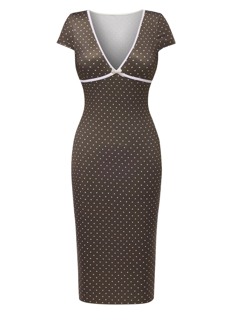 Robe marron à pois col V profond des années 1960