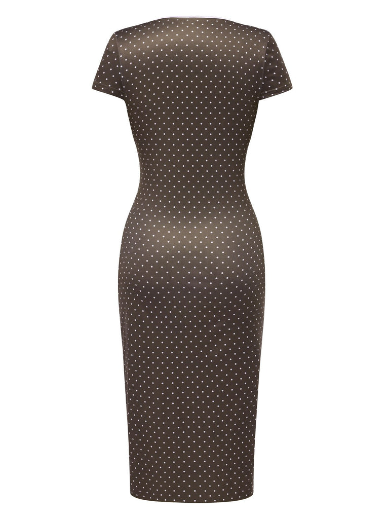 Robe marron à pois col V profond des années 1960