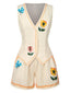 2PCS gilet et short à poches beiges à fleurs des années 1950