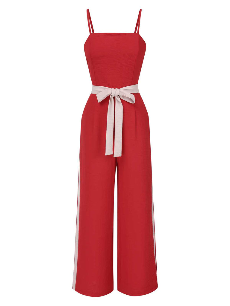 Combinaison rouge à bretelles et ceinture colorblock années 1970
