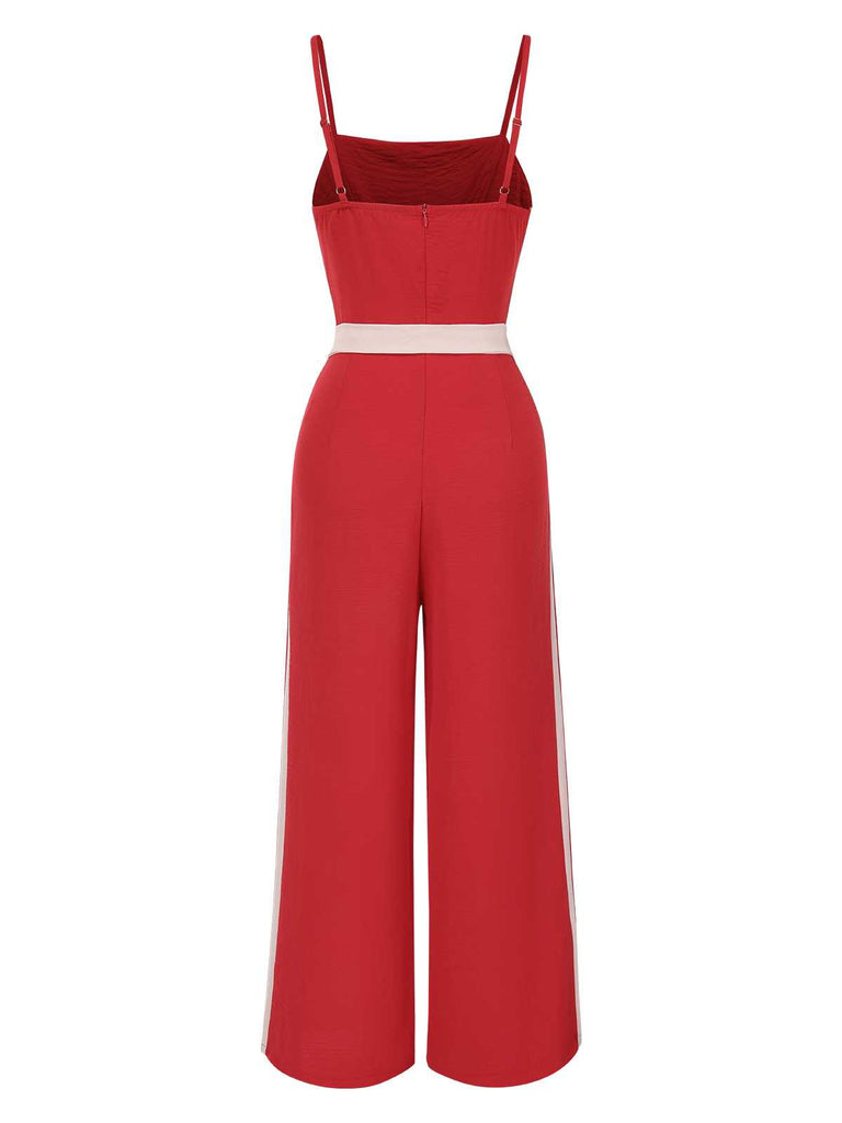 Combinaison rouge à bretelles et ceinture colorblock années 1970