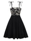 Robe noire à bretelles en nœud texturées et florales des années 1950