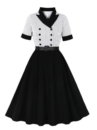 Robe noire rayures verticales col revers patchwork des années 1950