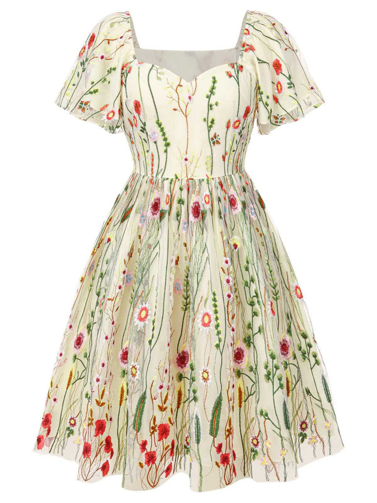 [Prévente] [Grande taille] Robe à manches volantées et broderie florale des années 1940