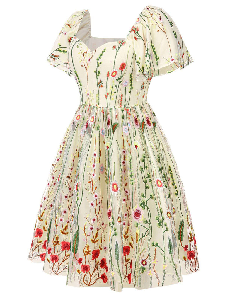 [Prévente] [Grande taille] Robe à manches volantées et broderie florale des années 1940