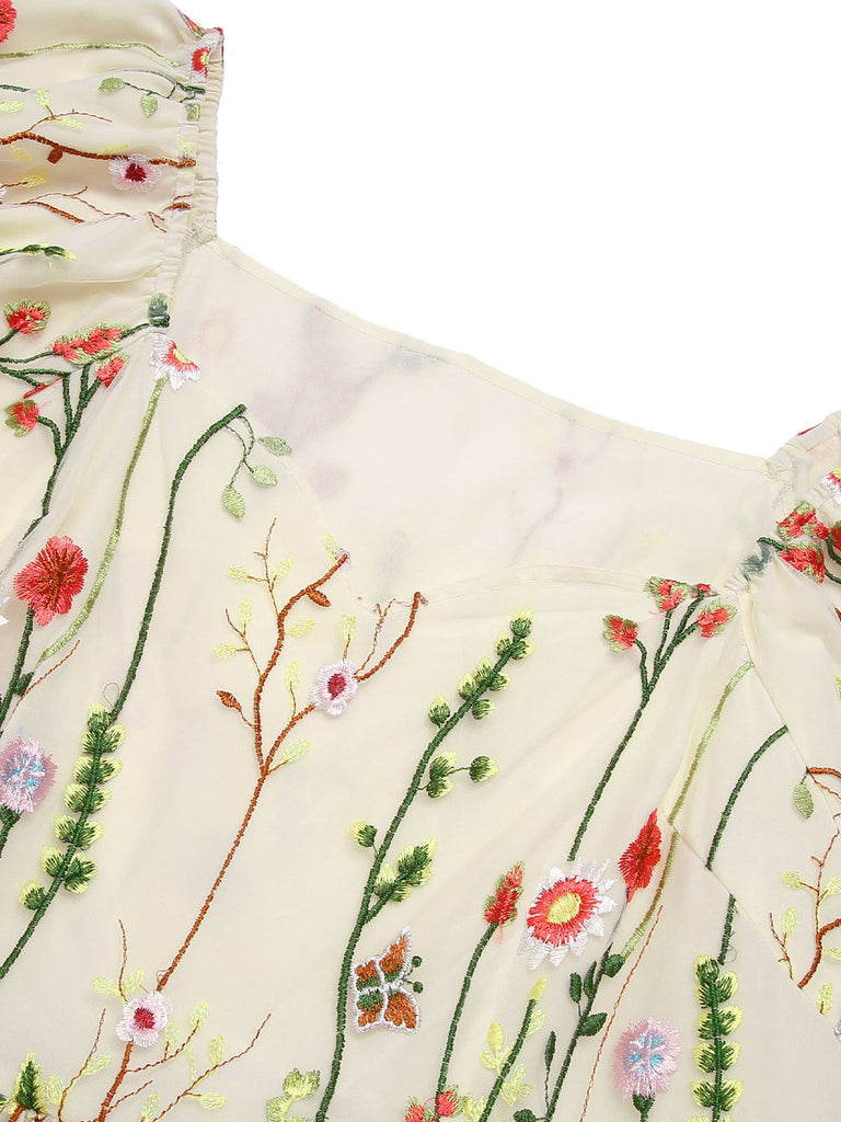 [Prévente] [Grande taille] Robe à manches volantées et broderie florale des années 1940