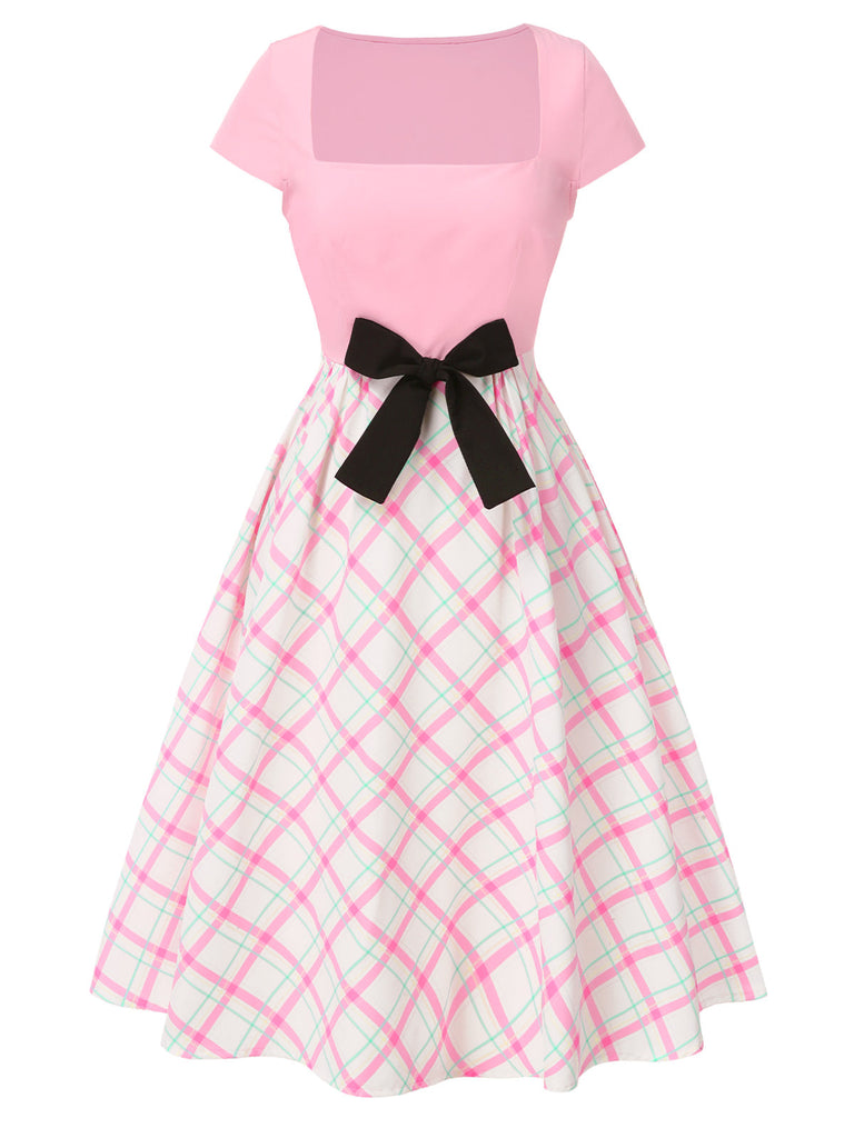 [Prévente] Robe rose à carreaux patchwok col carré et nœud années 1950