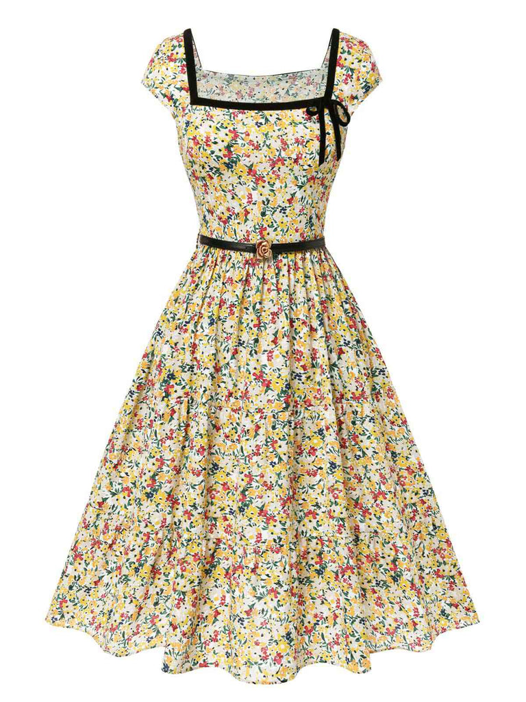 [Prévente] Robe multicolore col carré imprimé floral et ceinture années 1950