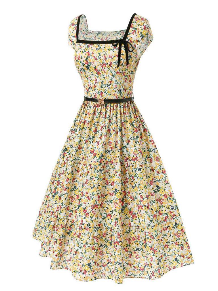 [Prévente] Robe multicolore col carré imprimé floral et ceinture années 1950