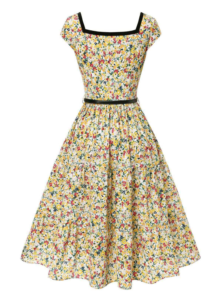 [Prévente] Robe multicolore col carré imprimé floral et ceinture années 1950