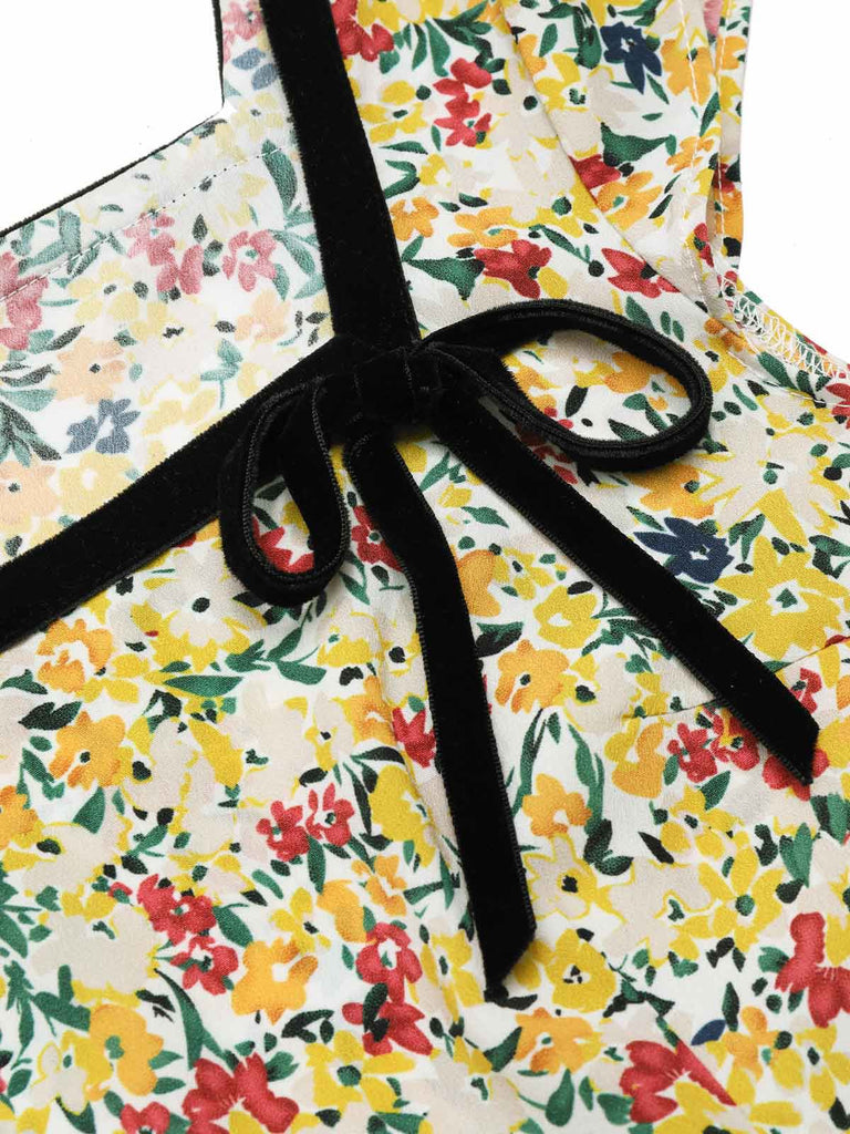 [Prévente] Robe multicolore col carré imprimé floral et ceinture années 1950