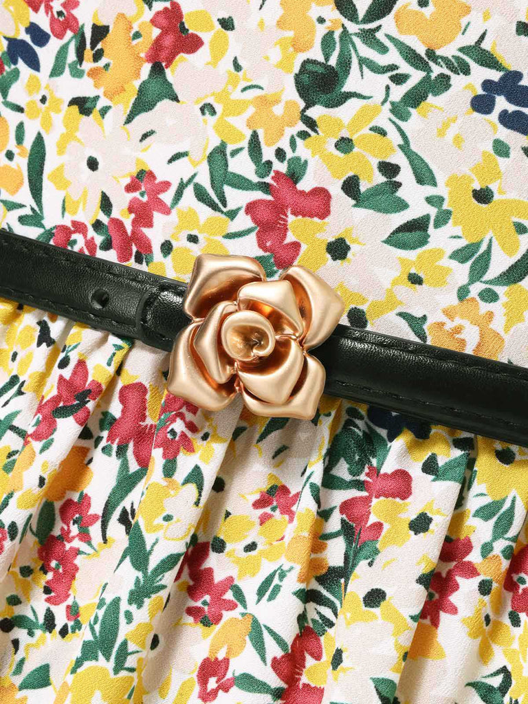 [Prévente] Robe multicolore col carré imprimé floral et ceinture années 1950