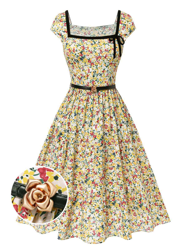 [Prévente] Robe multicolore col carré imprimé floral et ceinture années 1950