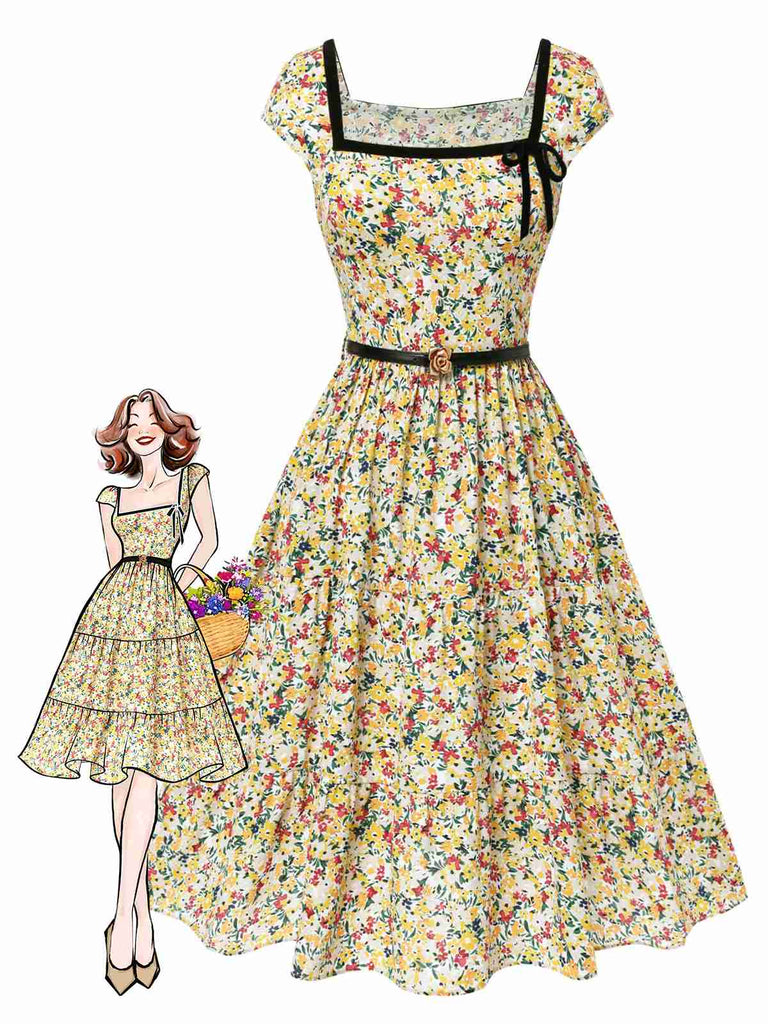 [Prévente] Robe multicolore col carré imprimé floral et ceinture années 1950