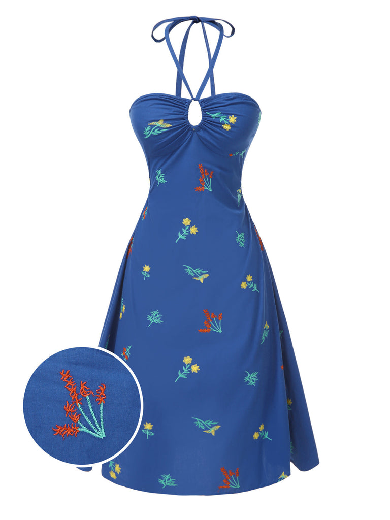 [Prévente] Robe bleue à fleurs brodées dos nu des années 1960