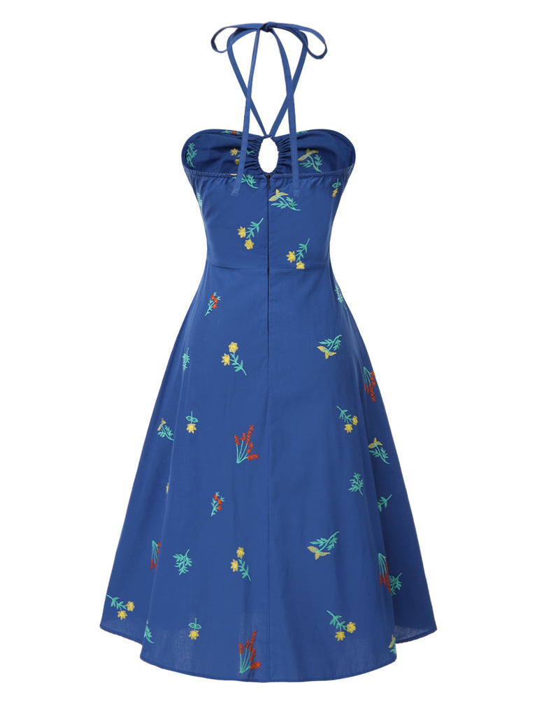 [Prévente] Robe bleue à fleurs brodées dos nu des années 1960