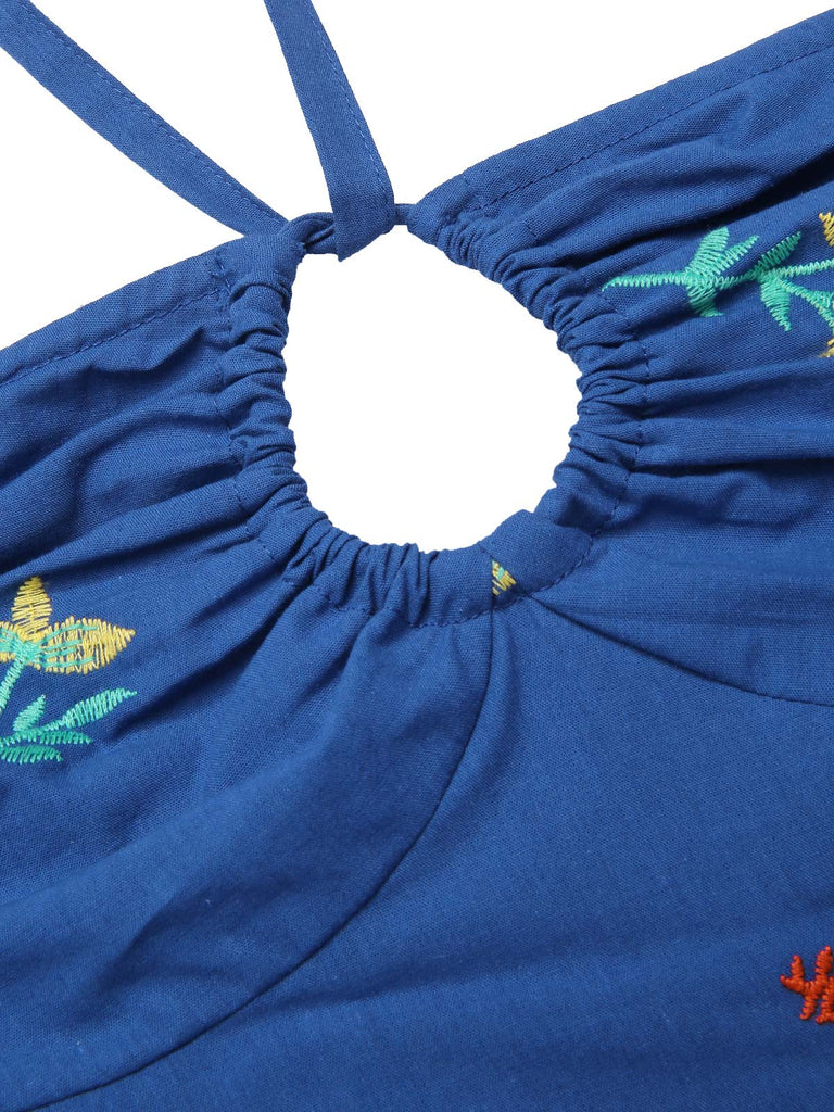 [Prévente] Robe bleue à fleurs brodées dos nu des années 1960