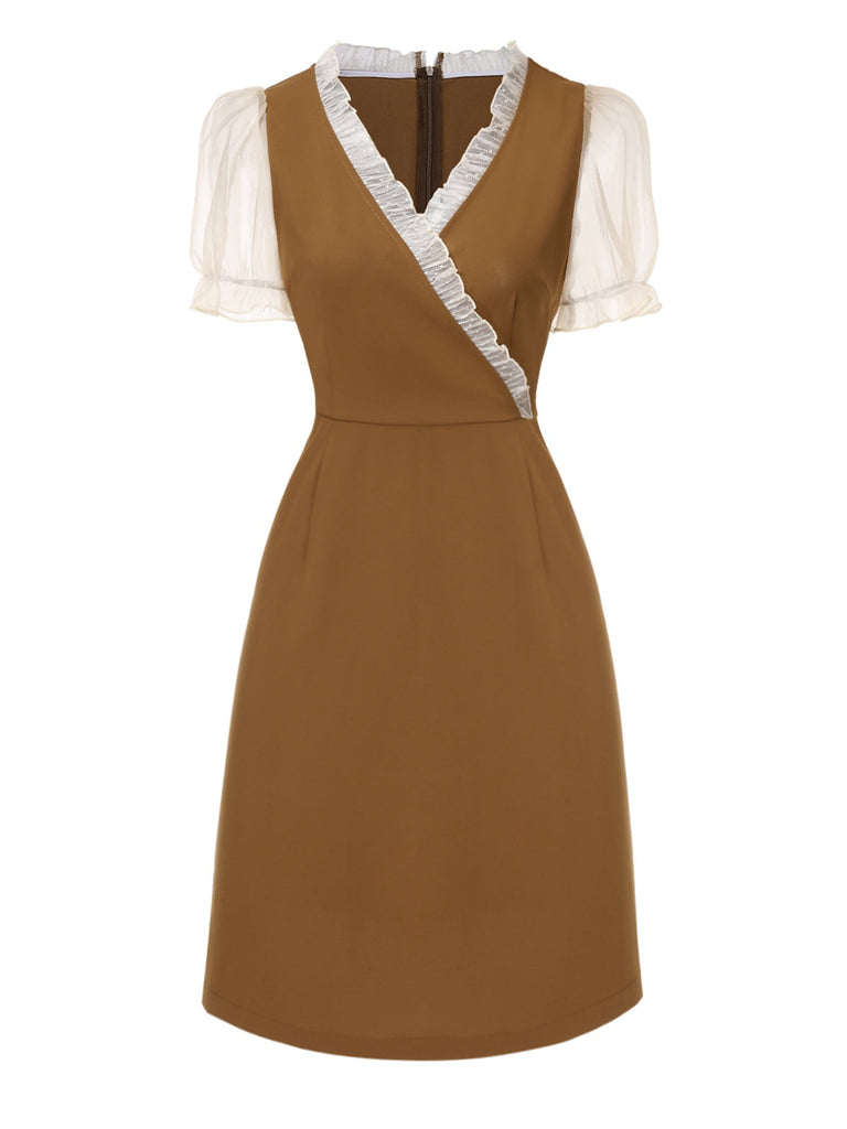 [Prévente] Robe kaki col V et manches bouffantes en maille années 1960