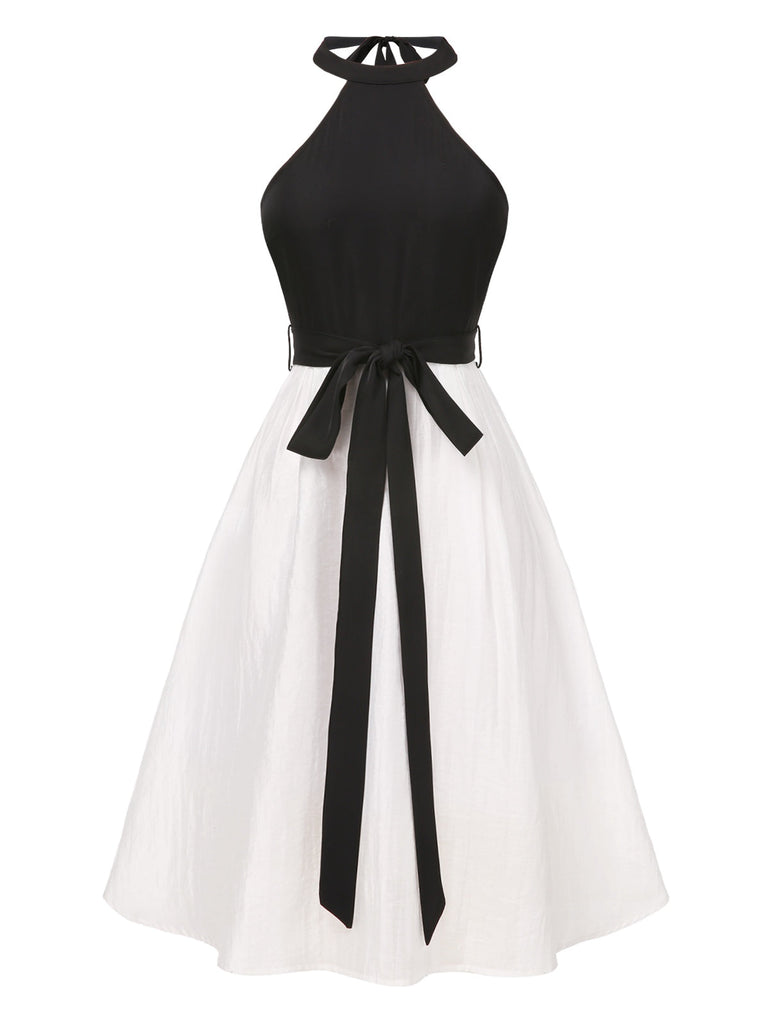 [Prévente] Robe ceinturée noire et blanche des années 1950 à col licou