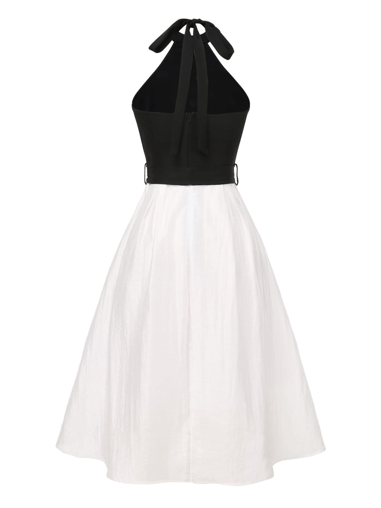 [Prévente] Robe ceinturée noire et blanche des années 1950 à col licou