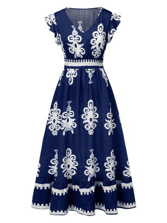 Robe bohémienne à col V motif tribal des années 1970