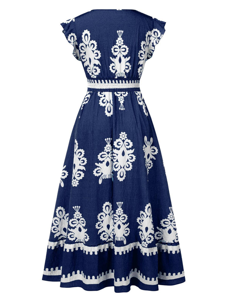 Robe bohémienne à col V motif tribal des années 1970